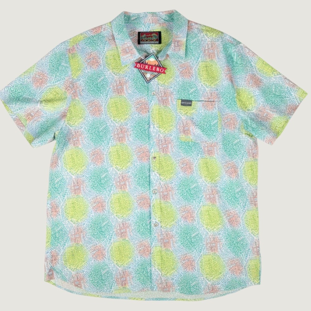 Burlebo Mens XL Performance Button Up Shirt Short Sleeve Tribal Geometric NWT